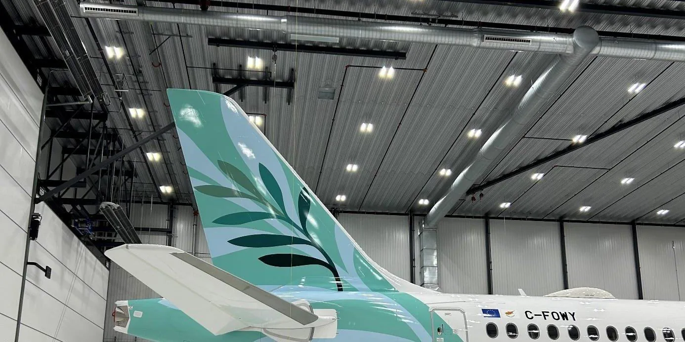 Aircraft in a maintenance hangar during livery work