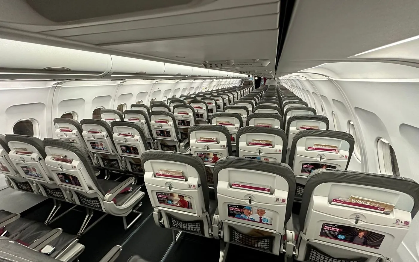 Eurowings A319 cabin with the employer branding campaign on the seat backs